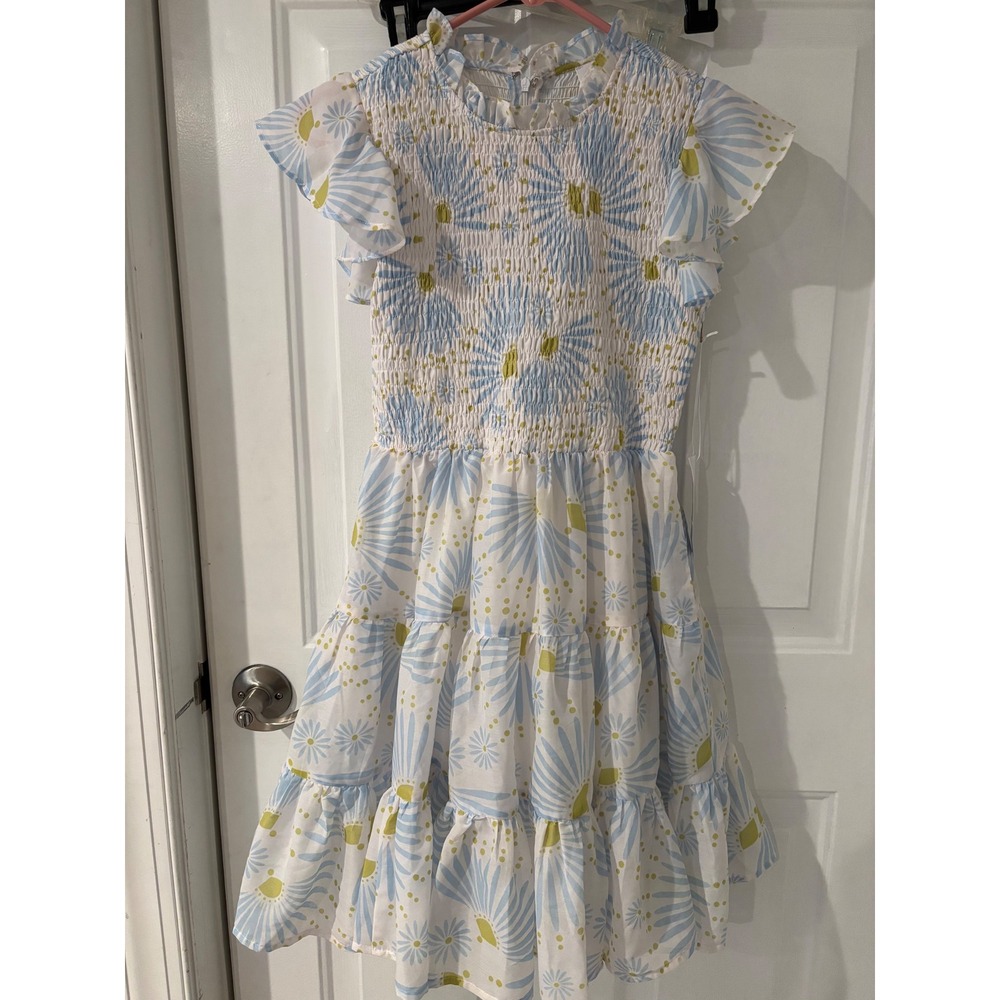 J Marie Smocked Tiered Mini Dress Light Blue & Yellow XS